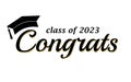 Congratulations graduates class of 2023, black text, gold, graduation cap, isolated white background, banner, card Royalty Free Stock Photo