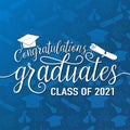 Congratulations graduates 2021 class of vector illustration on seamless grad background, white sign for the graduation