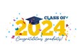 Congratulations graduates vector illustration. Class of 2024 trendy design template with graduation cap and colorful confetti Royalty Free Stock Photo