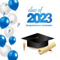 Congratulations graduation. Class of 2023. Graduation cap and confetti and balloons. Congratulatory banner in blue. Academy of