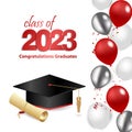 Congratulations graduation. Class of 2023. Graduation cap and confetti and balloons. Congratulatory banner in blue. Academy of