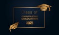 Congratulations graduation. Class of 2023. Graduation cap and confetti and balloons. Congratulatory banner in blue. Academy of