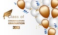 Congratulations graduation. Class of 2023. Graduation cap and confetti and balloons. Congratulatory banner in blue. Academy of