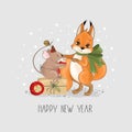 Christmas card with cute squirrel and festive elements. Royalty Free Stock Photo