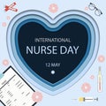 Congratulations on the international day of nurses on may 12. A blue postcard with medical items a syringe, a blood test