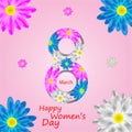 Congratulations on international women`s day on march 8. figure eight laid out of daisies on a pink background.