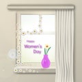 Congratulations on International Women`s Day. On a sunny morning on the window stands a flower in a vase. Royalty Free Stock Photo