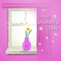 Congratulations on International Women`s Day. On a sunny morning on the window stands a flower in a vase. Royalty Free Stock Photo