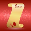 Congratulations on March 8, the scroll of gold color with a red rose on red background.