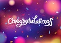 Congratulations message calligraphy, celebrate party blur colorful abstract background decoration paper confetti falling scatter, Royalty Free Stock Photo