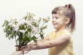 A man`s hand holds out a bouquet of white flowers to a cute little girl Royalty Free Stock Photo