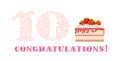 Congratulations, 10 years old, strawberry cake, English, white, pink, vector.