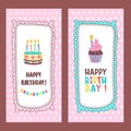 Congratulations on your birthday. Beautiful cute cakes and candlelight cakes. Hand drawn frames. Vector illustration.