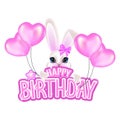 Congratulations on your birthday with pink letters and a sweet little rabbit