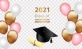 Congratulations on your graduation. Class of 2021. Graduation cap and confetti and balloons. Congratulatory banner. Academy of