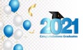 Congratulations on your graduation. Class of 2021. Graduation cap and confetti and balloons. Congratulatory banner in blue.