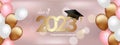 Congratulations on your graduation from school. Class of 2023. Graduation cap, confetti and balloons. Congratulatory banner.