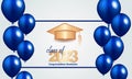 Congratulations on your graduation from school. Class of 2023. Graduation cap, confetti and balloons. Congratulatory banner.