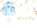congratulatory background with gold confetti serpentine and blue balloons for gender party. It's a boy. Royalty Free Stock Photo