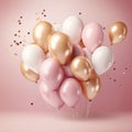 Congratulatory background, pink, white gold balloons on a pink background, congratulations for a girl,