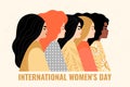 Congratulatory banner for International Women`s Day. Vector illustration with women different nationalities