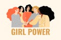 Congratulatory banner for International Women`s Day. Vector illustration with women different nationalities holding hands