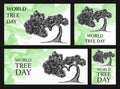 Congratulatory banner for WORLD Tree Day. Tree planting day. Pencil-drawn bonsai