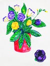 Congratulatory bouquet with purple and blue flowers roses in a red vase watercolor, white background