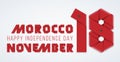 November 18, Morocco Independence Day congratulatory design with Moroccan flag elements. Vector illustration