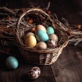Congratulatory Easter background. Easter eggs in a wicker basket on a wooden table. Royalty Free Stock Photo