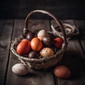 Congratulatory Easter background. Easter eggs in a wicker basket on a wooden table. Royalty Free Stock Photo