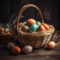 Congratulatory Easter background. Easter eggs in a wicker basket on a wooden table. Royalty Free Stock Photo