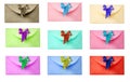 Congratulatory envelope with a bow. Different colors. Royalty Free Stock Photo