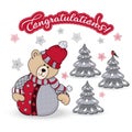 Congratulatory illustration with a kind teddy bear in a snowy forest and the inscription Congratulations