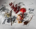 Congratulatory picture with a row of raidin, a toy bear and an umbrella made of candy and part of an apple