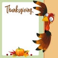 Congratulatory postcard. happy thanksgiving day banner with funny funny turkey, orange ripe pumpkin, beautiful autumn leaves Royalty Free Stock Photo