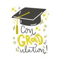 Congraulation. Lettering composition with graduation cap. Vector illustration