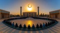 Congregation praying at grand mosque during sunset with celestial eclipse, evoking spiritual unity. Royalty Free Stock Photo