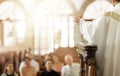 Congregation, religion and faith with priest, in church and preaching sermon, speaking and spiritual. Leadership Royalty Free Stock Photo