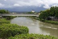 The Congress Center Bucke bridge and the church Pfarramt Hl. Kreuz seen from Villach Draubridge in Villach, Austria.