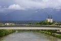 The Congress Center Bucke bridge and the church Pfarramt Hl. Kreuz seen from Villach Draubridge in Villach, Austria.