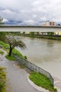 The Congress Center Bucke bridge over Drava river in Villach, Austria.