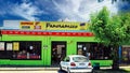 Traditional chilean andes mountains green supermarket wood building, volcano llaima peak