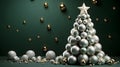 A conical Christmas tree with silver baubles. Hanging gold baubles in the background.Christmas banner with space for your own Royalty Free Stock Photo