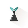 Conical flask icon with two leaves. Erlenmeyer laboratory instrument. Vector illustration