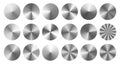 Conical metal gradients. Radial metallic knob, silver disc and brushed steel circles vector set