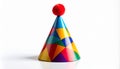 Conical Party Hat with Geometric Design and Red Pom on White birthday celebration Royalty Free Stock Photo