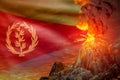 Conical volcano blast eruption at night with explosion on Eritrea flag background, suffer from natural disaster and volcanic