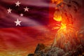 Conical volcano eruption at night with explosion on Samoa flag background, troubles because of natural disaster and volcanic