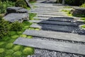 Conifer and slate path with bark mulch and native plants in Japanese garden. Landscaping and gardening concept